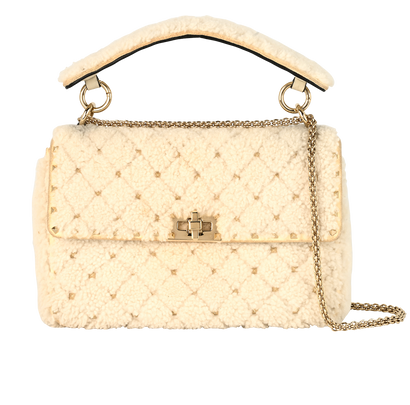Medium Rockstud Spike, &pound;595, Handbags, Cream, Leather/Shearling, Front view